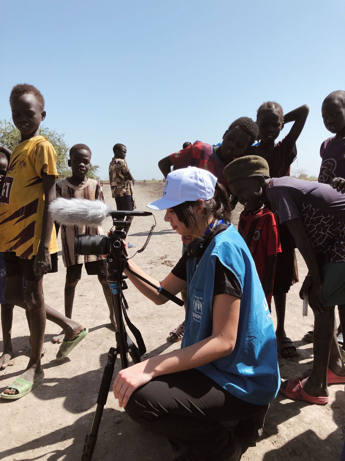 Felicia filming testimonies with children in South Sudan